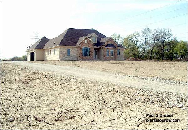 This new construction on a freshly graded lot will need a well designed landscape to anchor the house to the lot.